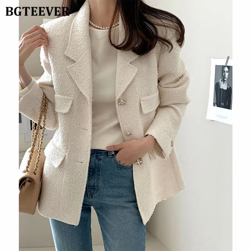 

BGTEEVER Autumn Winter Fashion Notched Collar Ladies Woolen Blazer Jackets Elegant Long Sleeve Single-breasted Female Suit Coats