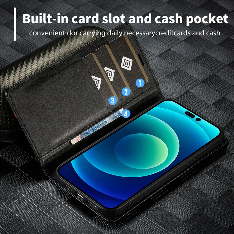 LC-imeeke Carbon Fiber Magnetic Wallet Case iPhone 15 14 Plus 13 12 Mini 11 Pro Max 15Plus 15 Ultra Leather Flip Book Cover