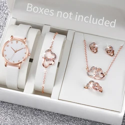 6PCS/Set Fashion Women's Watch Leather Band Quartz Watches Double Heart Jewelry Set(Without Box)