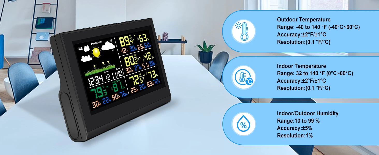 Intelligente kabellose Wetterstation mit 3 Sensoren, großes Farbdisplay, digitales Thermometer-Hygrometer für den Innen- und Außenbereich für das Heimbüro – Detail 5