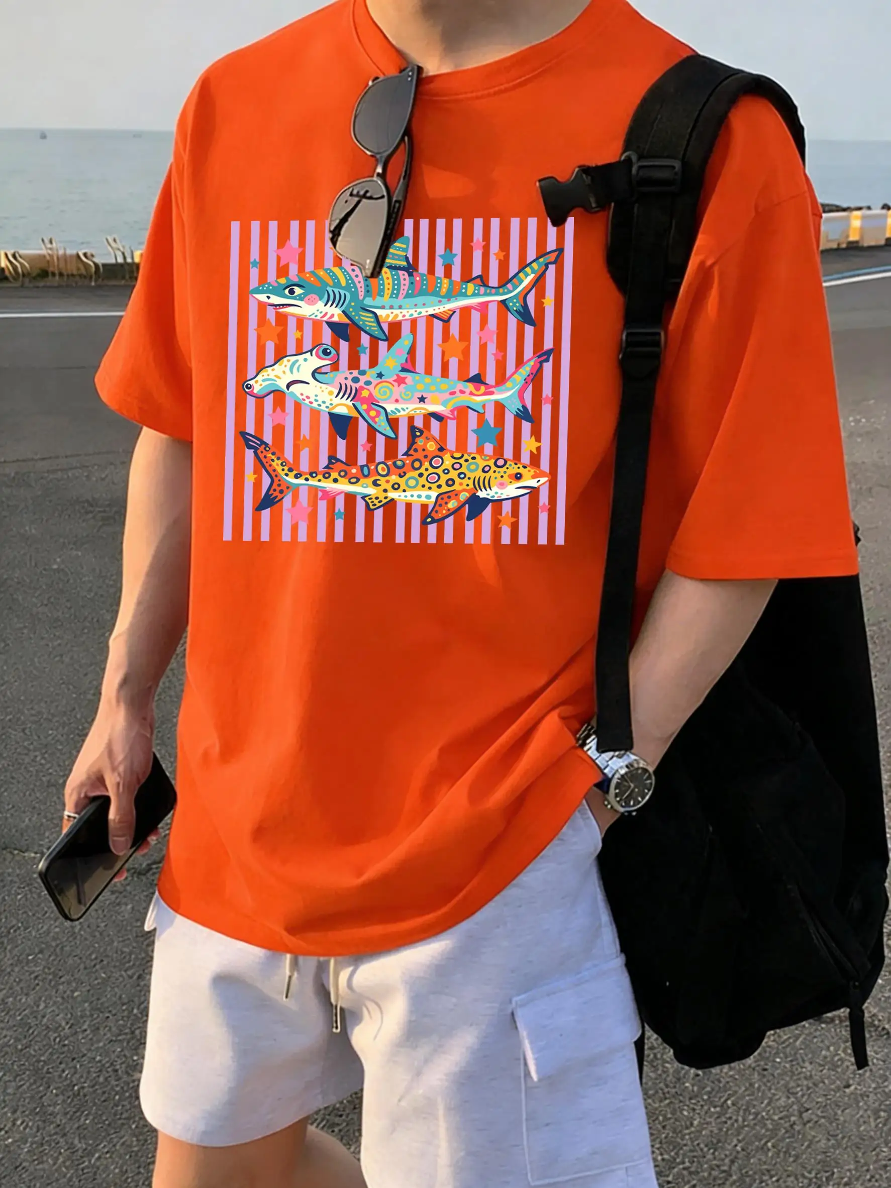 Colorful Shark Star Stripe Pattern Men Summer Cotton T Shirt All-Match Casual Short Sleeve Sport Clothes Youthful Street Tops