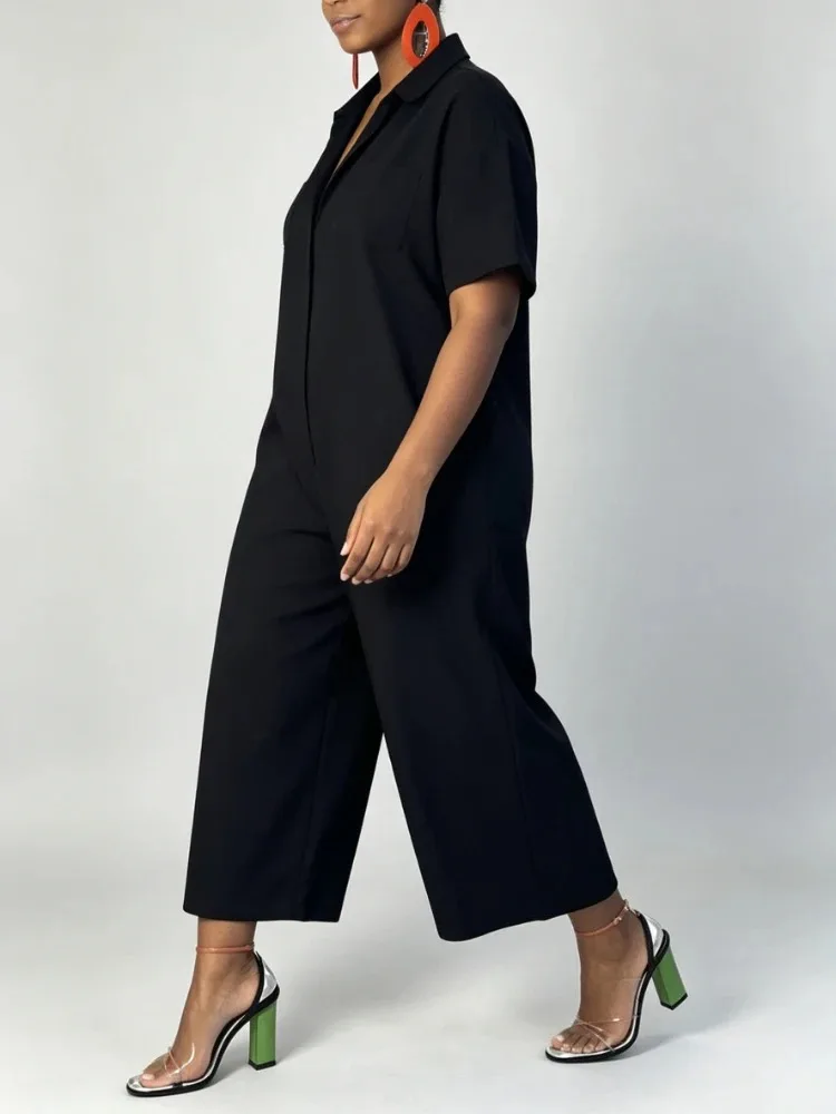 Yeezzi Women Solid Color Lapel Shirt Jumpsuit Short Sleeves Loose Wide Leg Cropped Culotte Romper Casual Daily One Piece Outfit
