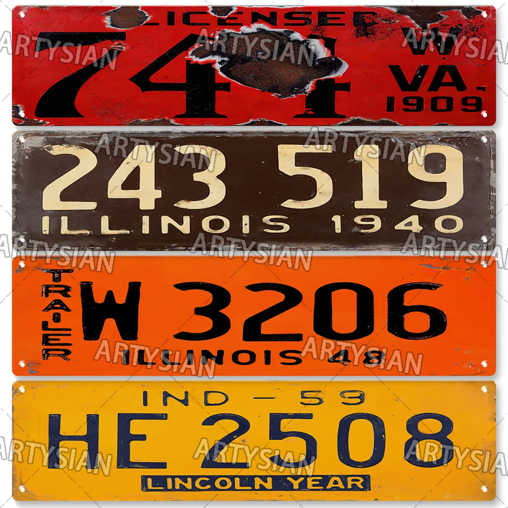 US State Metal Sign Rusty Truck Vehicle Trailer Tractor Car Number Plate Metal Tin Sign Wall Decor Illinois PENNA Virginia