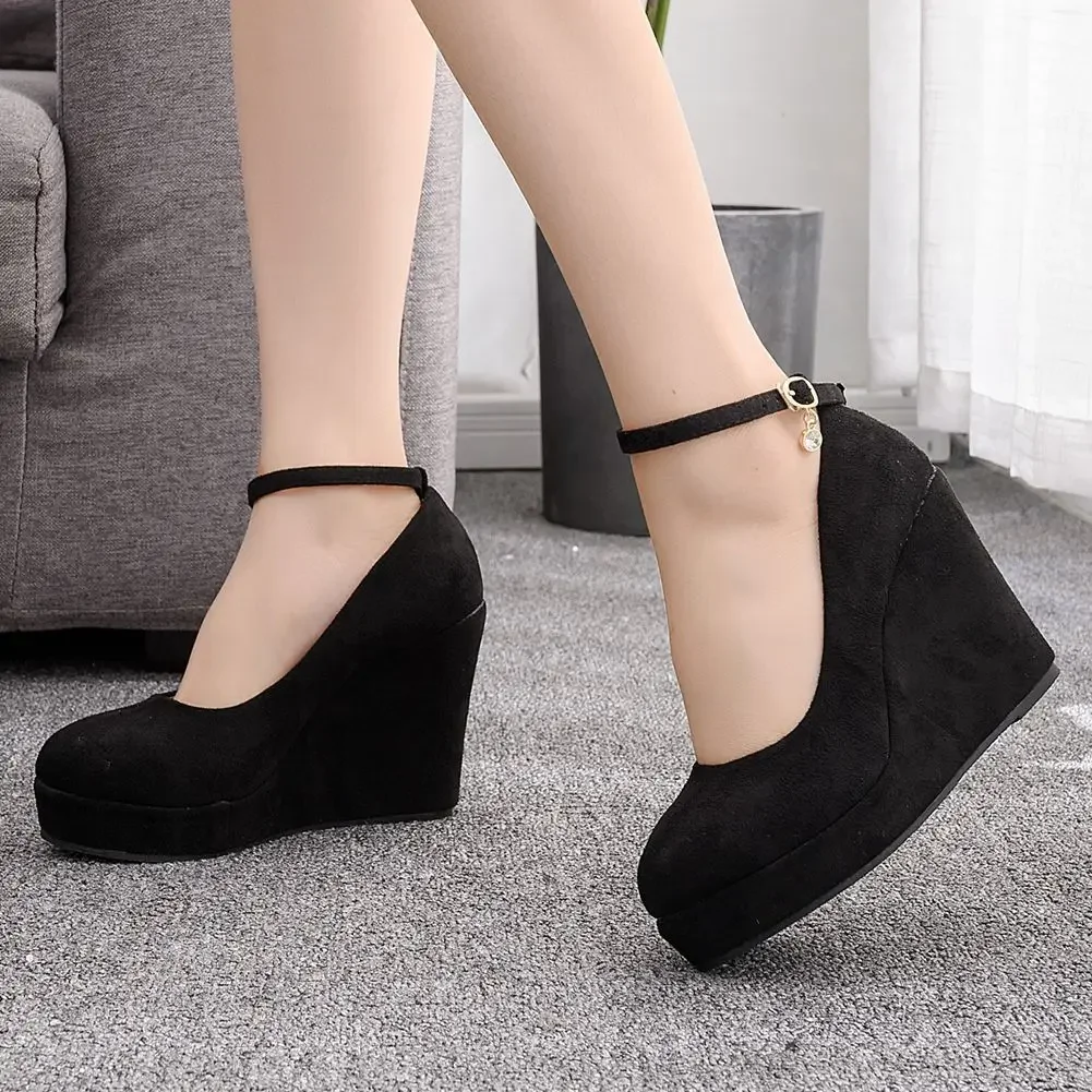 

2024 New Arrival Black/Red Thick Sole Fashion Women's High Heels Bow Buckle Wedge Women's Shoes Plus Size Wedding Party Shoes