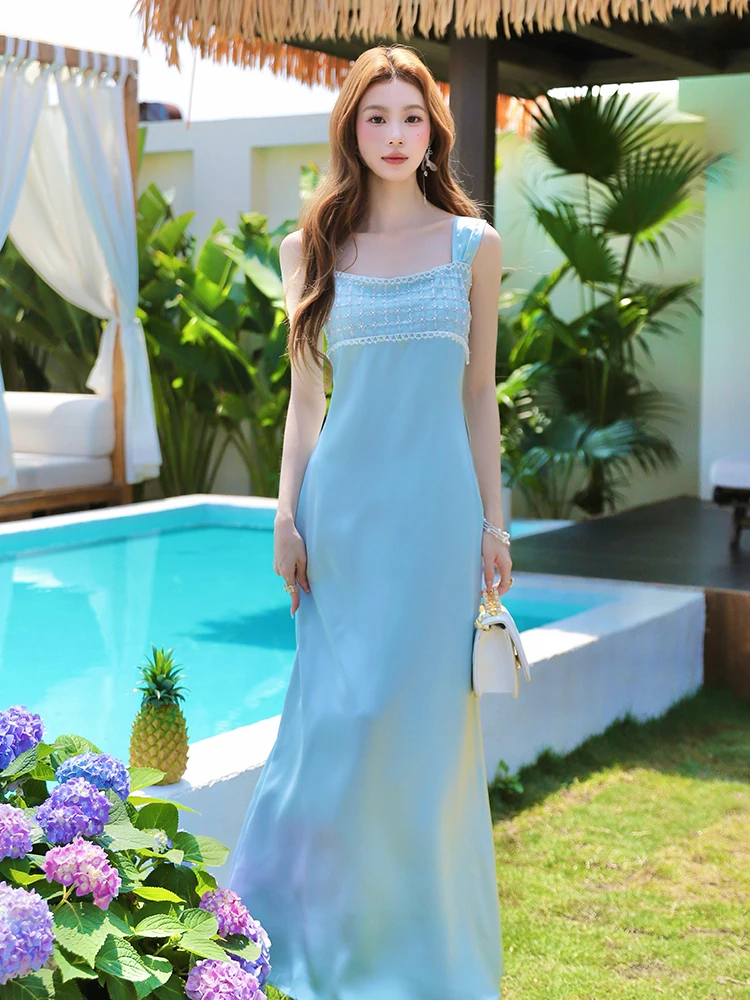 Women Blue Patchwork Diamonds Square Collar Sling Dress 2026 Korean Elegant Luxury Evening Dress Summer Bodycon Festival Dresses