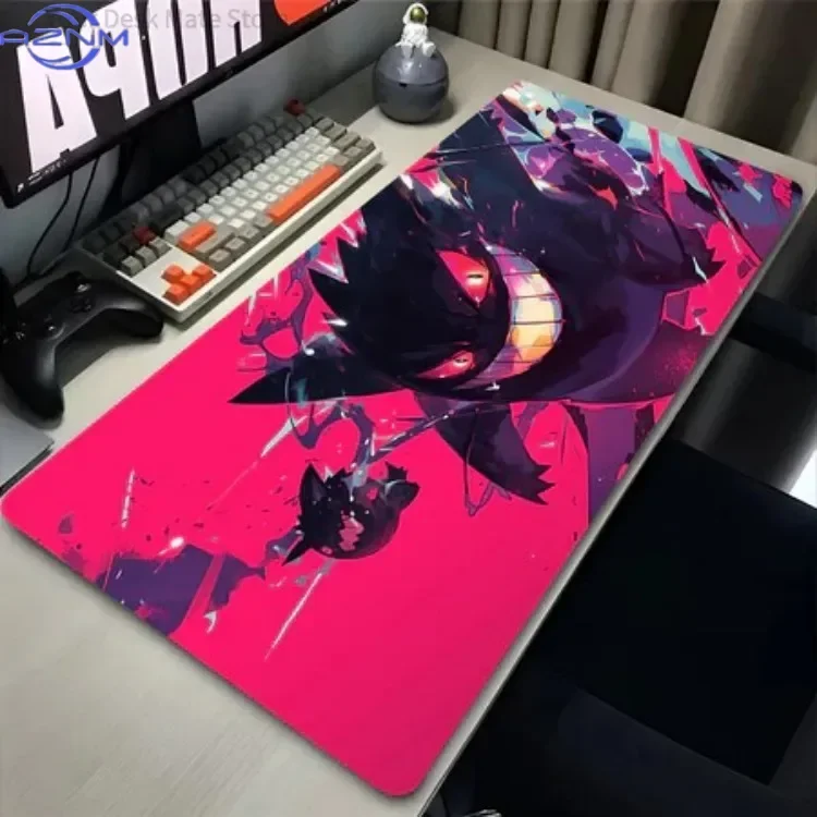Large Extended Mousepad, Bright Pink Background Dark Purple Cartoon Creature Art Desk Mat, Rubber Non-Slip Base, Waterproof Gami