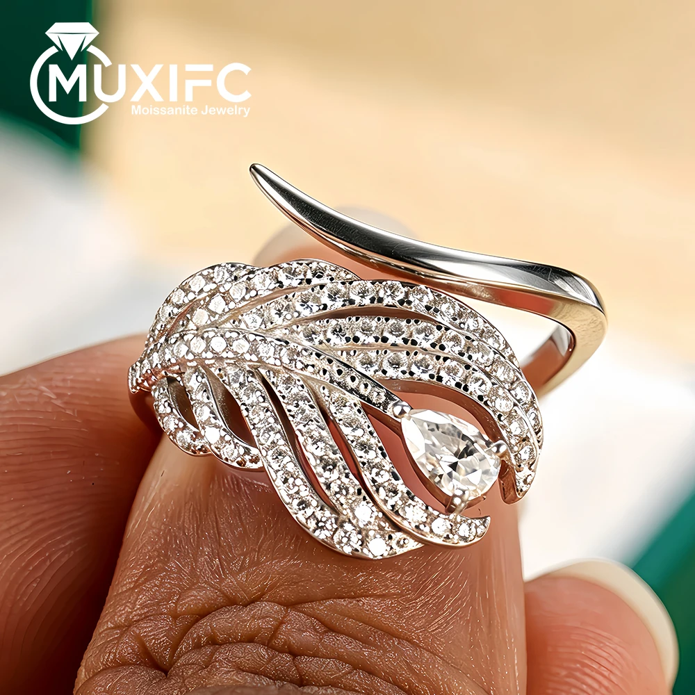 D Color Pear Cut Feather Leaf Full Moissanite Engagement Ring for Women 925 Sterling Silver Open Wedding Band Fine Jewelry Gifts