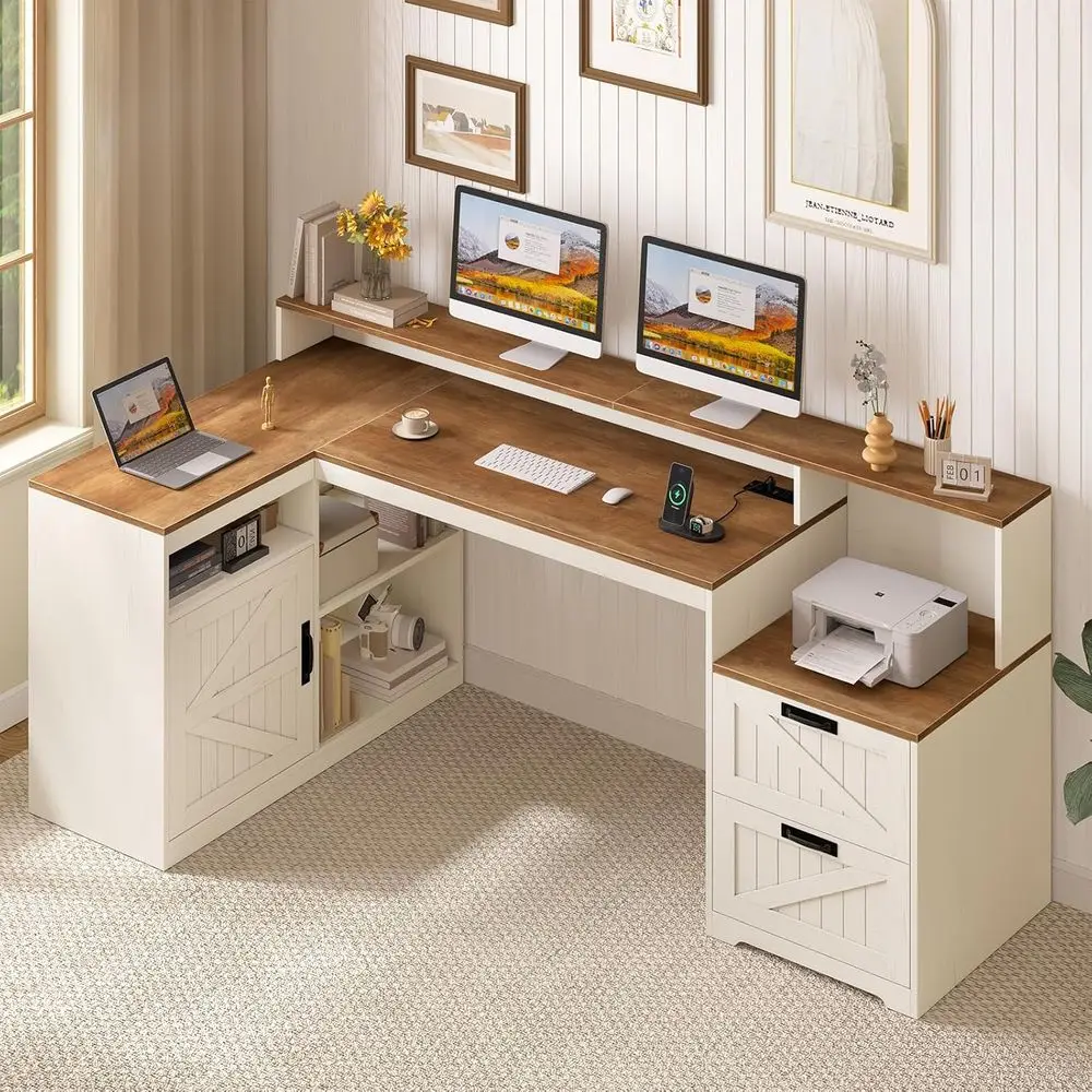 

L-Shaped Desk with Storage, 62.2 Home Office Desk, Power Outlet, Monitor Stand, Printer Shelf, Brown and White