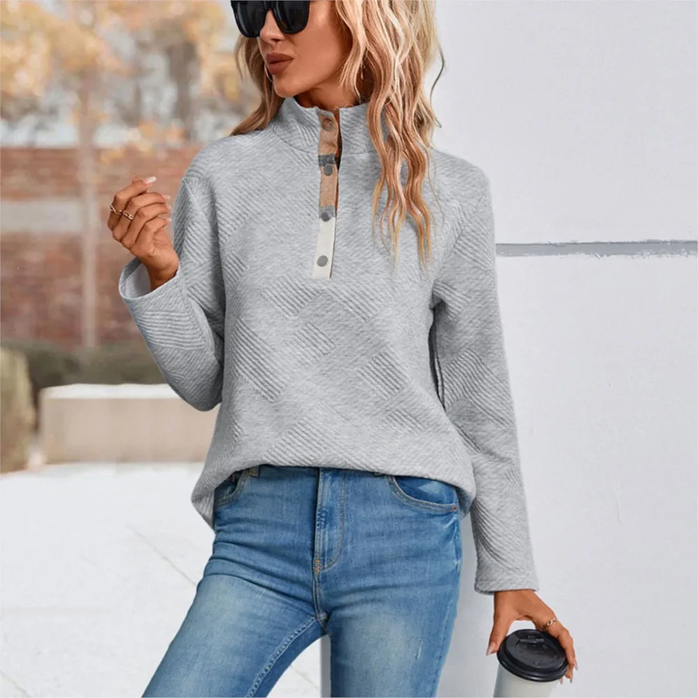 New Color-blocked Patchwork Sweatshirt With Textured Casual Comfortable Flip Collar Stand-up Collar Long Sleeves For Women