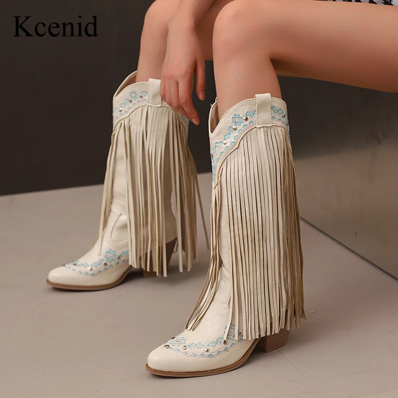 

Kcenid New Women's Trendy Boots Tassel Western Cowgirl Embroidered Rivet Fringe Knee High Boots Autumn Winter Heeled Shoes White