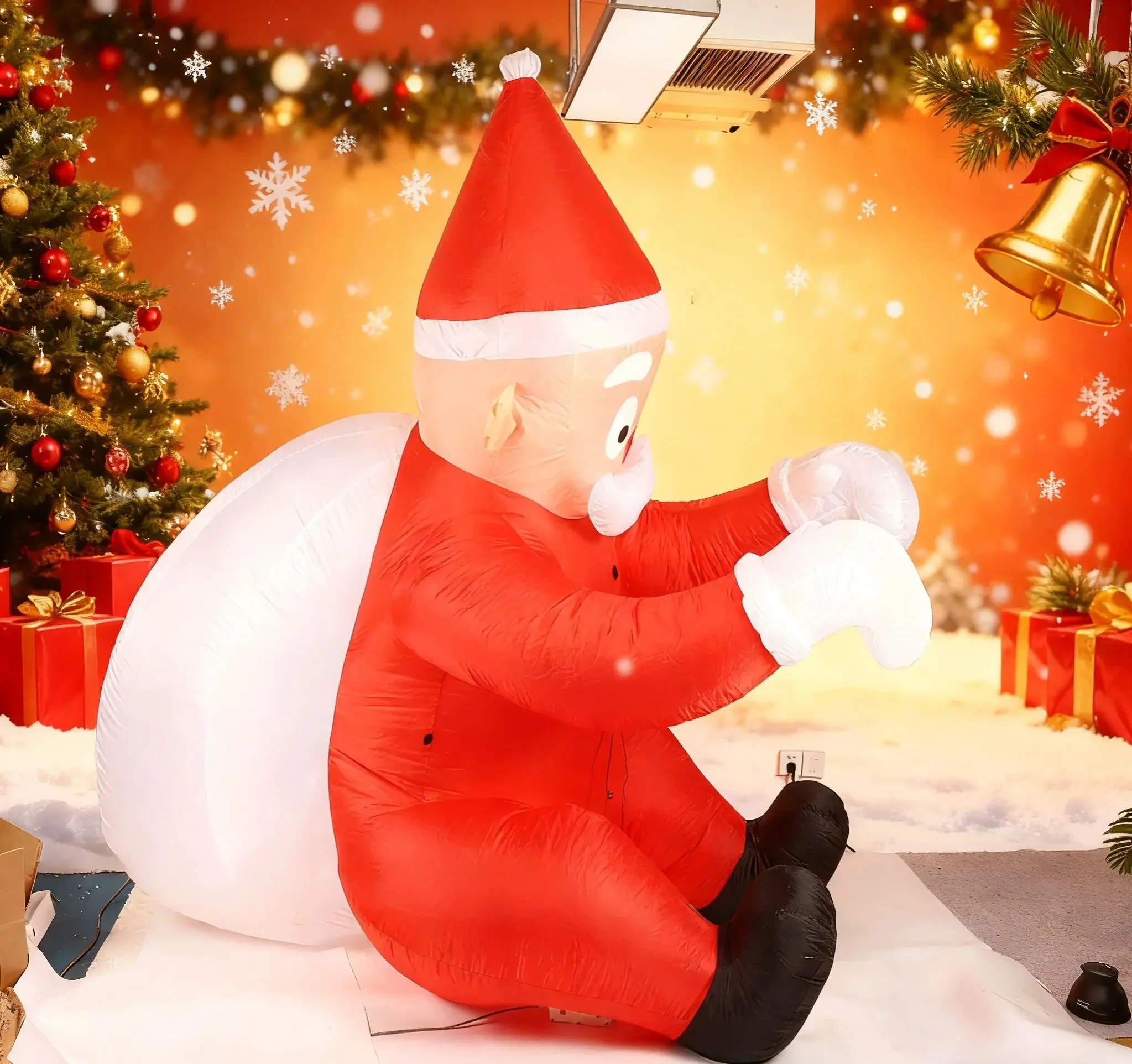 Christmas Inflatable Climbing Santa Claus with white Gift Bag, Light-Up Door Decor, Outdoor/Indoor Holiday Decoration for Christ