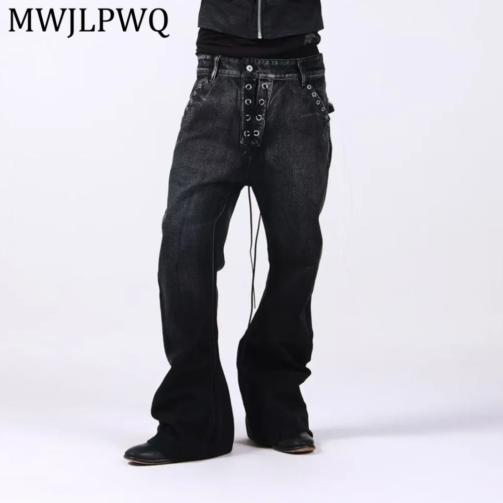 

Джинсы MWJLPWQ в стиле Sun Washed Metal с эффектом складок, на шнурке, мужские, уличный стиль, с глубокой потертостью, с изогнутым низом, хип-хоп брюки 14424