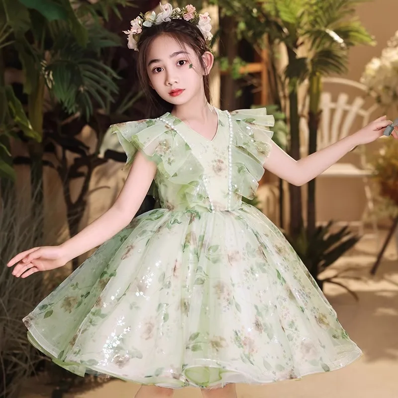 2024 Children's Princess Evening Gown Fashionable Printed Ruffle Design Wedding Birthday Baptism Easter Eid Party Girls Dresses