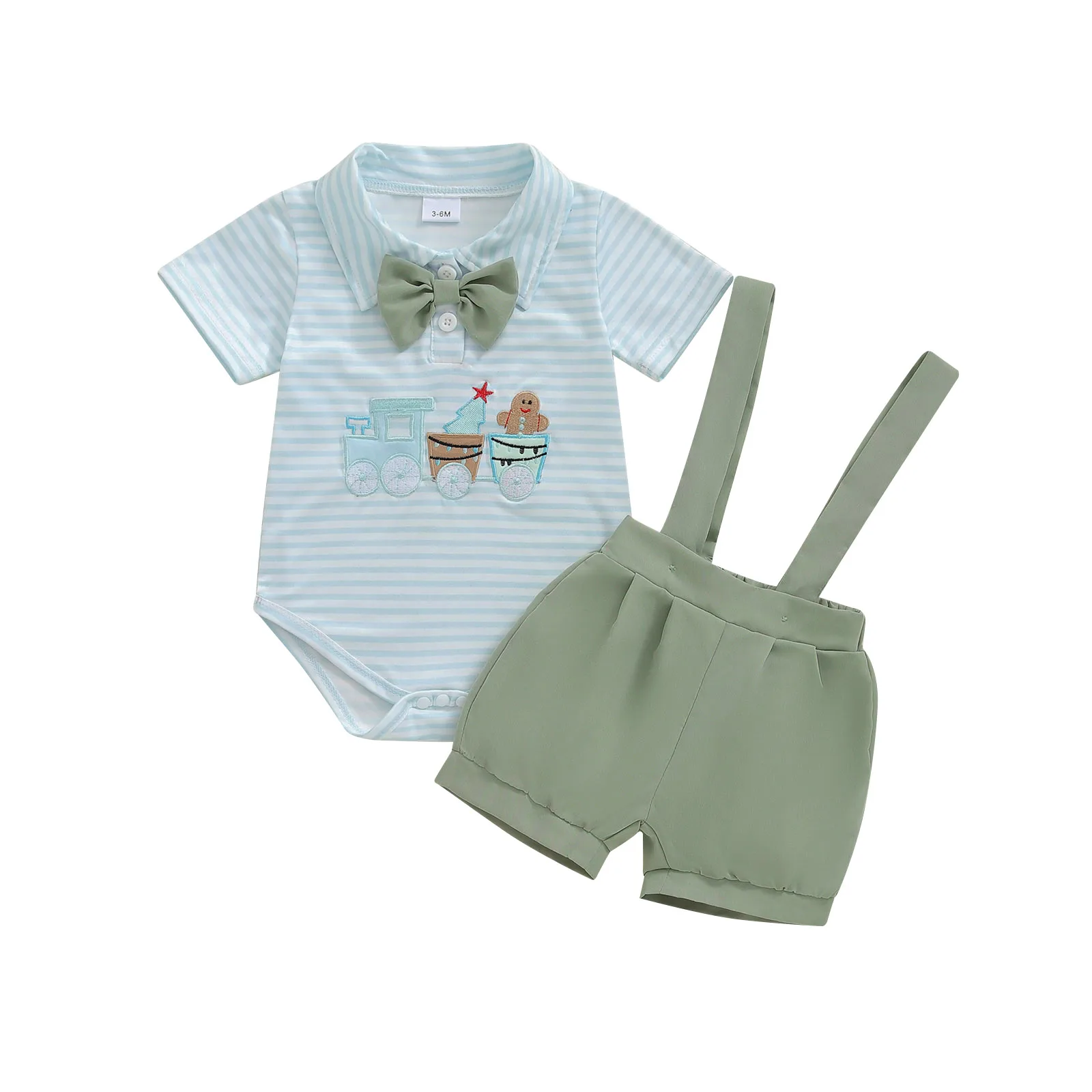 

Baby Boy Gentleman Set Short Sleeve Striped Embroidery Romper Suspender Shorts for Infants