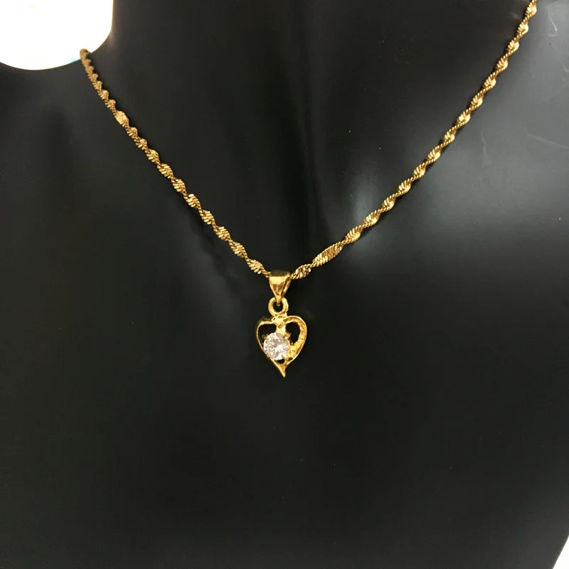 Genuine 24k Gold Necklace Zircon Heart Pendant Water Ripple Chain  Electroplating Gold Jewelry Wedding Gifts for Women image 4