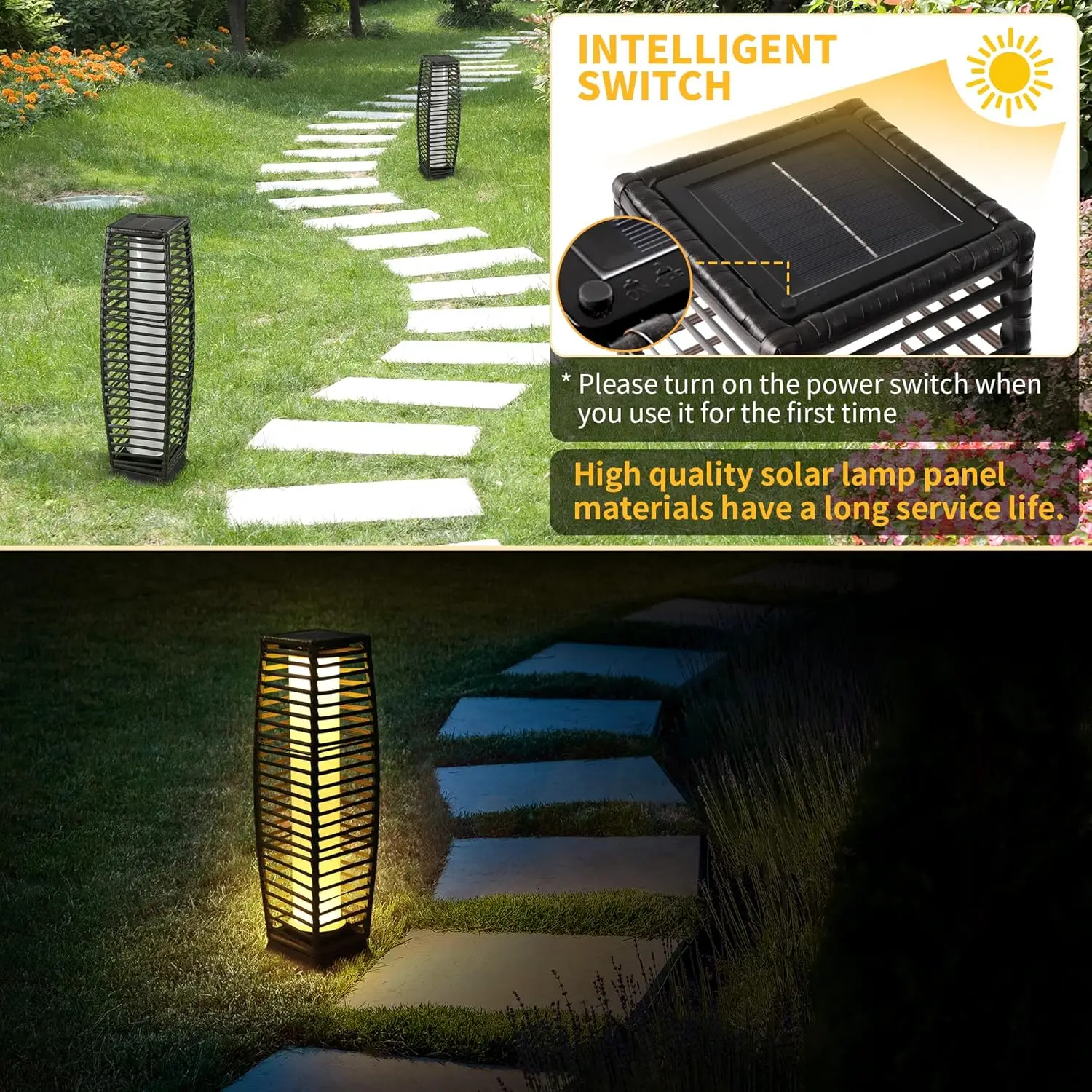 Outdoor Floor, 2 Piece Solar Outdoor Floor Lamps, Solar Lanterns Waterproof, Resin Wicker Outdoor Solar Lamp, Weather-Resistant