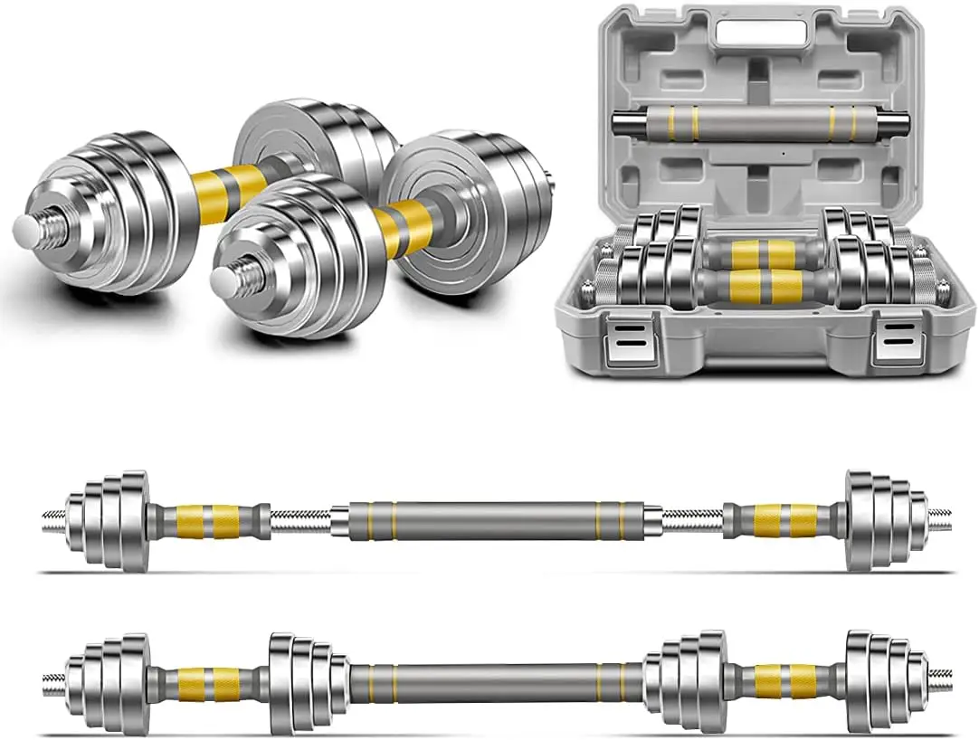 Adjustable Dumbbell Set - 44/66 LBS weights set, Dumbbell Barbell 3 in 1, Steel Dumbbells Pair with Connecting Rod for Adults Wo