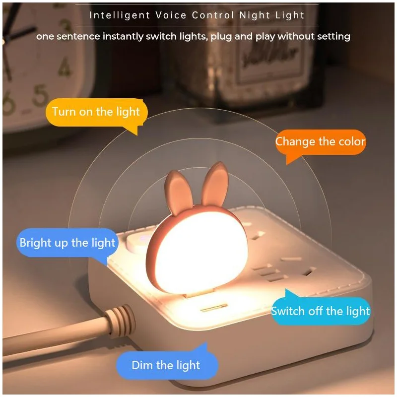 Luz nocturna USB LED para niños, lámpara de noche de dibujos animados, iluminación con Control de voz de conejo para decoración de dormitorio de