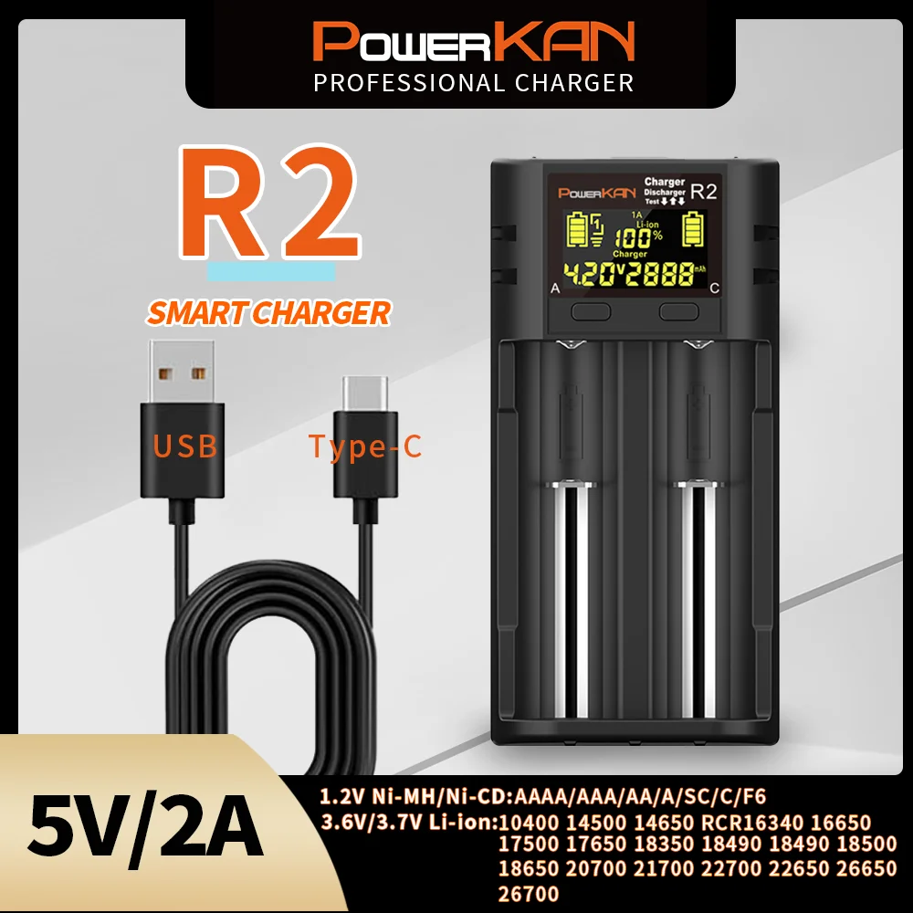 

POWERKAN R2 Battery Charger LCD Display Suitable for charging 2 3.7V multi-size Li-ion batteries and 1.2V AA AAA NiMH batteries