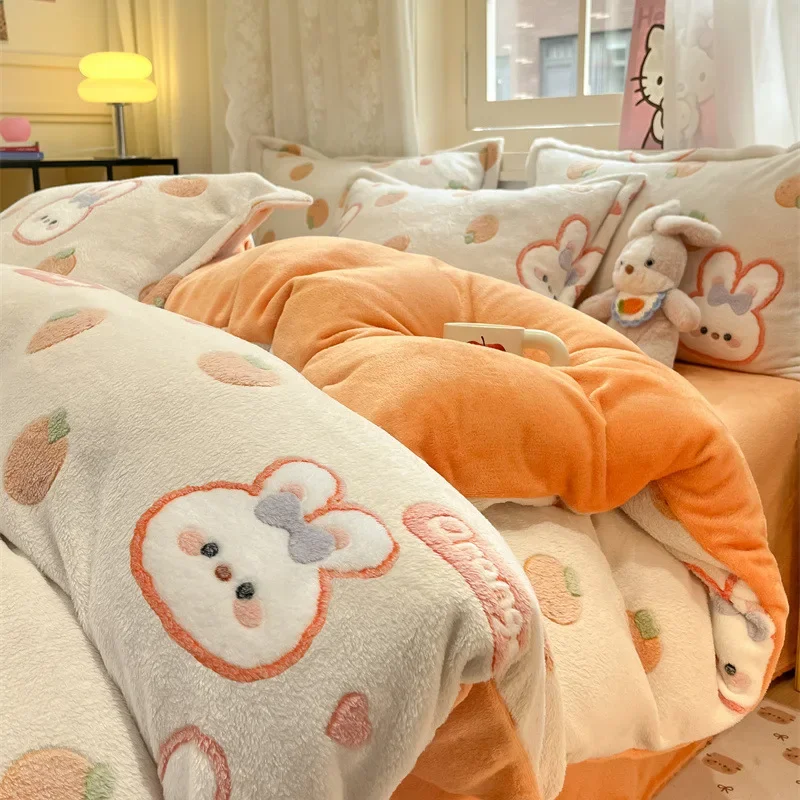 Winter Warmth Milk Velvet Four Piece Bedding Set Single Double Cartoon Quilt Cover Comforter Bed Sheet Pillowcases Bedroom Decor