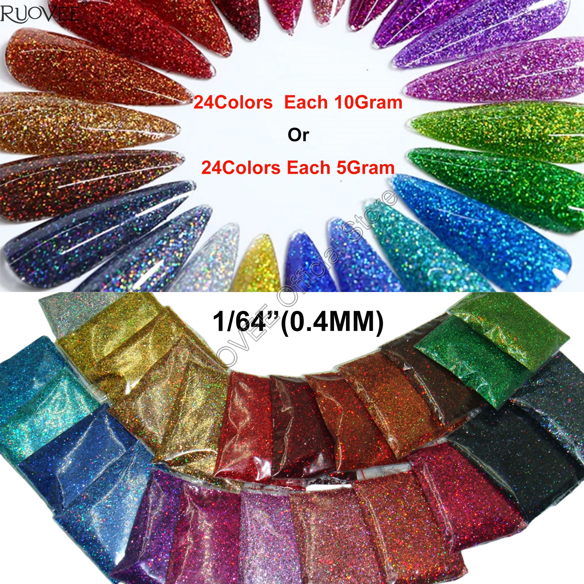 

24 Holographic Laser Colors 0.4MM Nail Glitter Dust Rainbow Shining Powder for Nail Art DIY Makeup Glitter Craft Facepainting