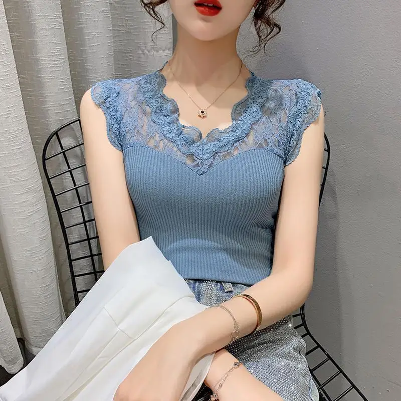 Summer New Korean Fashion V-neck Lace Patchwork Pullover Knit Sleeveless Tank Women\'s Solid Perspective Sexy Ice Silk Sling Top