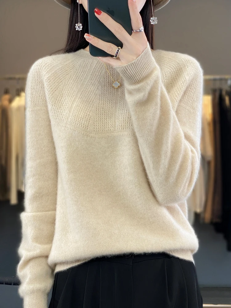 

100% Merino Wool Sweater Women Autumn Winter Pullovers O-Neck Hollow Long Sleeves Cashmere Knitwear Female Basic Bottoming Shirt