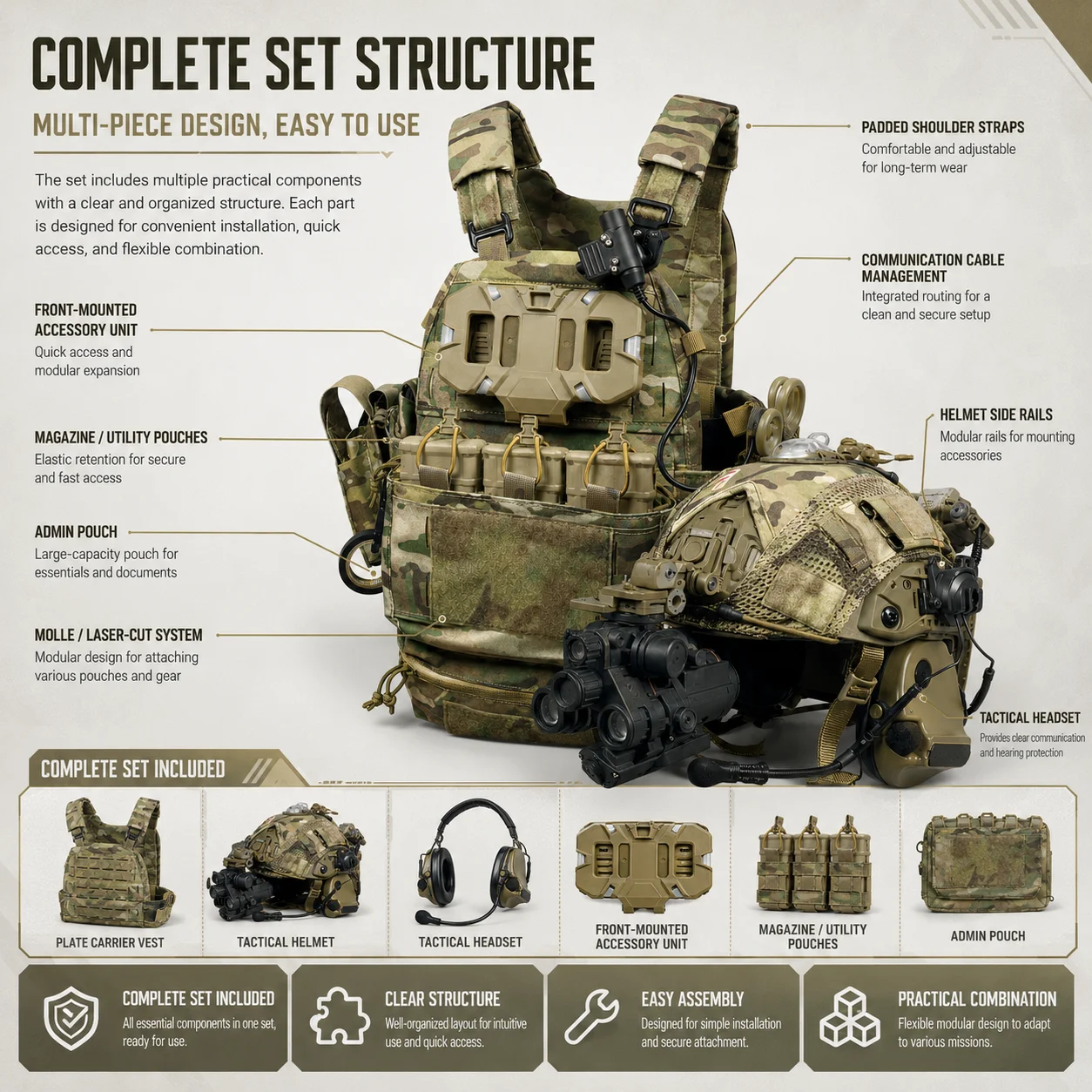 Outdoor Camo Utility Vest & Helmet Set Adjustable Multi-Pocket Gear for Camping Hiking Travel Cosplay