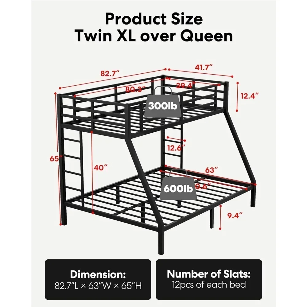 Metal Twin XL Over Queen Bunk Bed, Heavy Duty Twin XL Bunk Bed with 2 Safety Side Ladder and Full Length High Guardrail