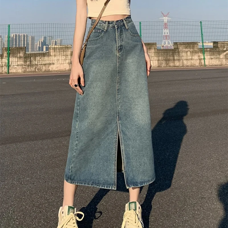Women's High-Waist Slit Denim Skirt Retro Washed A-Line Hip-Covering Straight Long Skirt for Casual Comfortable Fit 8 S07d1fd43e18a42f38668a00fc398c9b2s