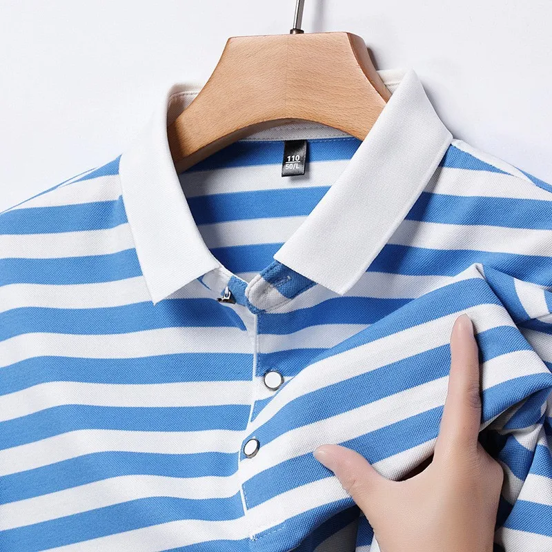 2024 Summer New Striped Polo Shirt Middle Aged Short Sleeved Thin Flip Collar Business Ice Silk Men's T-Shirt