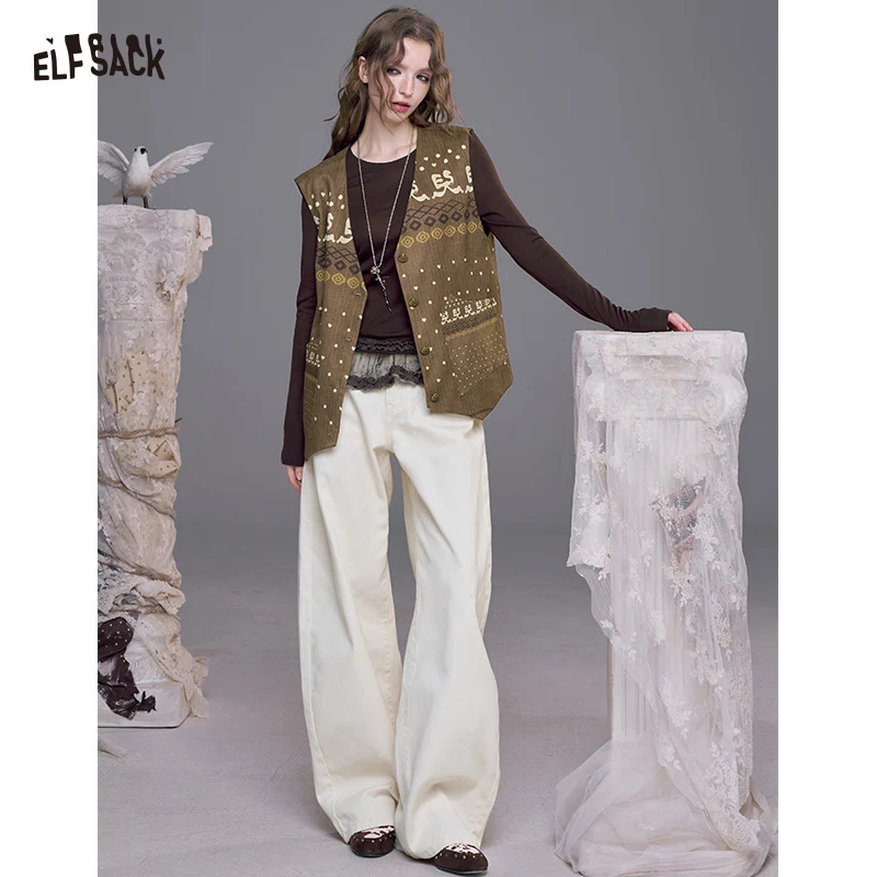 

ELFSACK 2025 осенние новые поступления богемный карамельный жилет из искусственной замши с принтом оверсайз для женщин