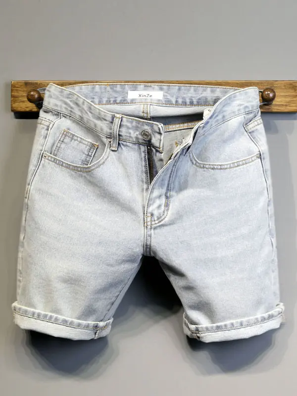 

Новые летние светло-голубые выцветшие простые универсальные облегающие джинсовые брюки без эластичных рта, мужские модные брюки пяти четвертей Faion