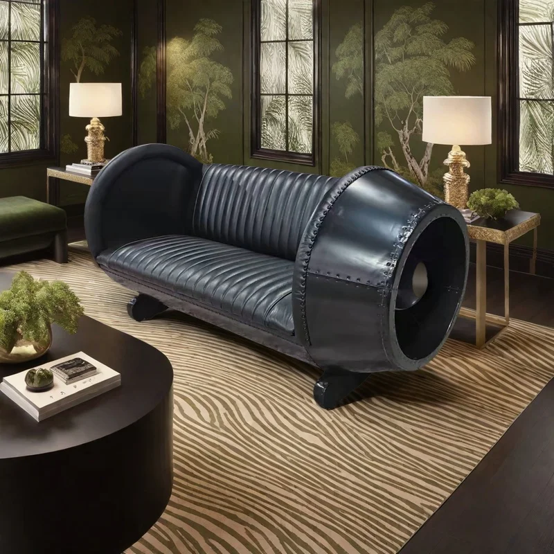 Foshan Supplier Aviation Furniture Retro Vintage Black Metal Aluminium Hotel Home Bar Waiting Room Genuine Leather Sofa