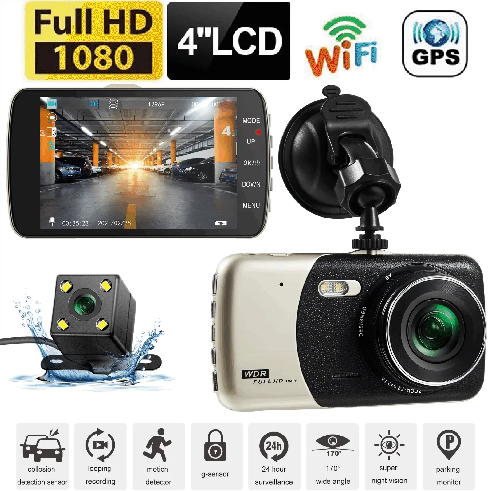 Car DVR WiFi GPS 1080P HD Dual Lens Rear View Drive Video Recorder Auto Parking Monitor Dashcam Car Camera Dash Cam Black Box