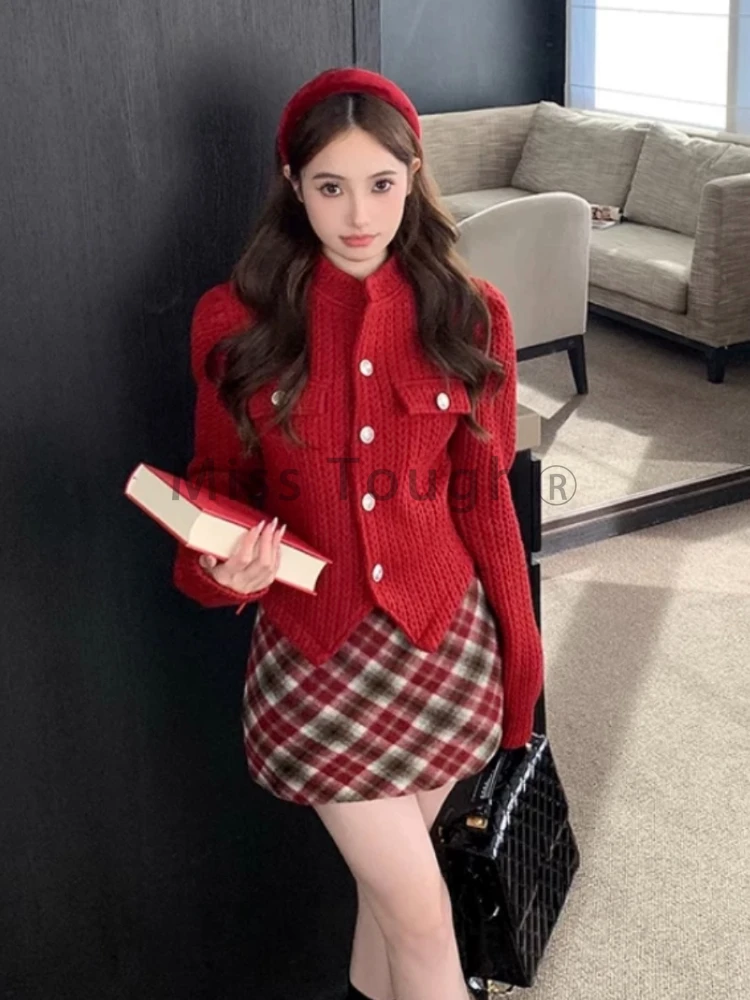 Winter 2024 Red Vintage Plaid Skirt Suit Women Christmas Short Sweater + Sweet Mini Skirt Knit Korean Fashion New Two Piece Sets