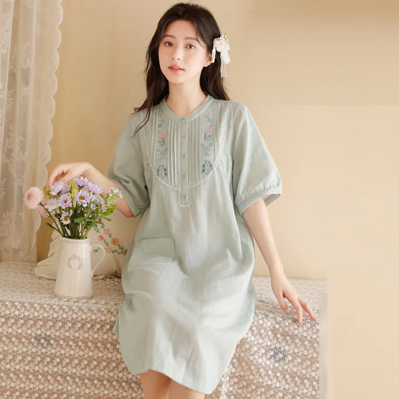 Vintage Embroidery Cotton Women\'s Nightgowns Half Sleeve Plus Size Loose Sleepwear Elegant  Summer Dress