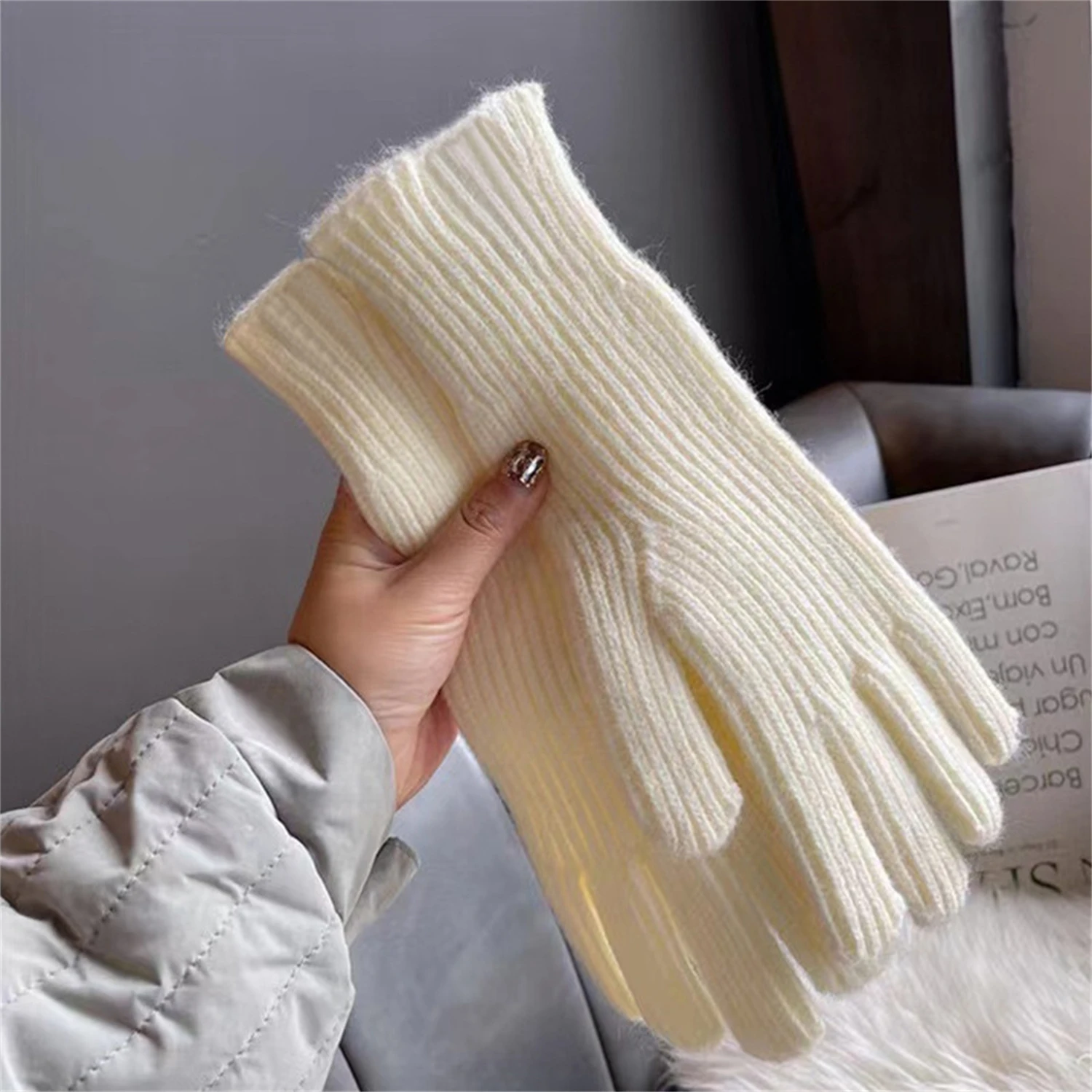 

Solid color gloves, winter women's exposed finger sweater knitted thickened warm couple fashionable gloves