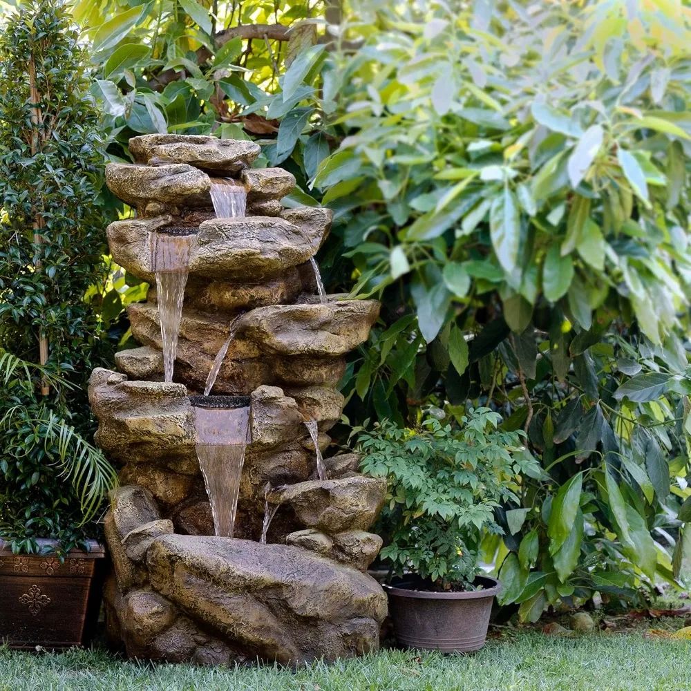 Grey outdoor fountain  Outdoor Floor 6-Tiered Rock Waterfall Fountain with Lights and Natural Stone Look,  Gray