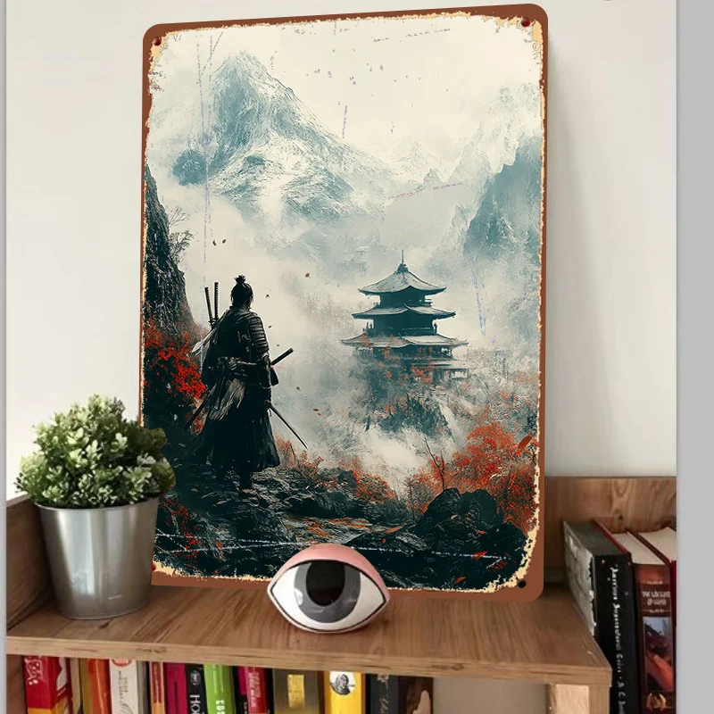 Samurai Warrior Viewing Ancient Pagoda in Misty Mountain Landscape Custom Metal Wall Art Decor