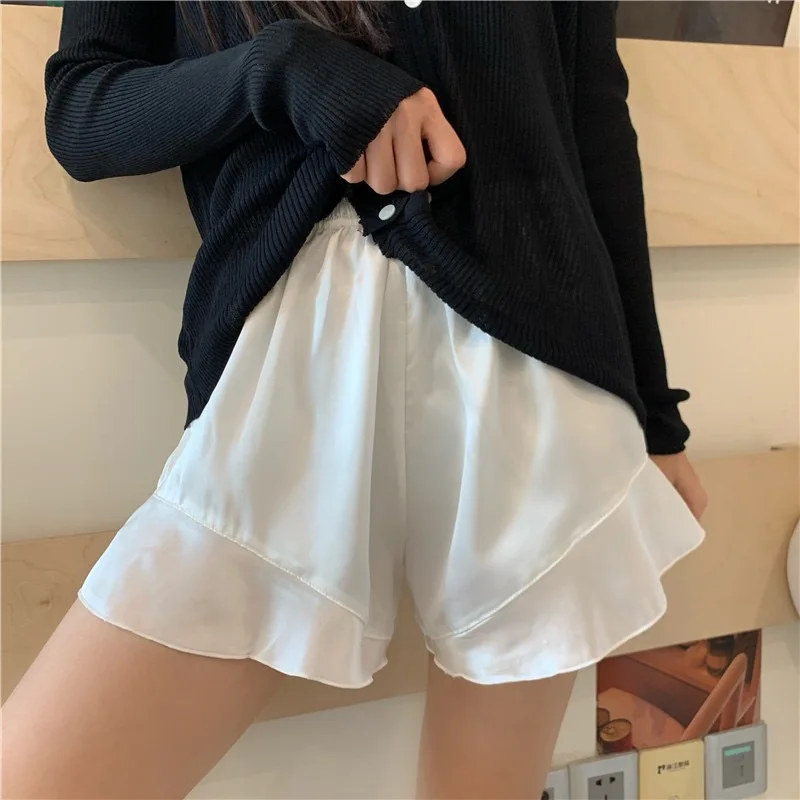 Elastic Waist Comfort Satin Ruffled Shorts Knickers Women Spring Summer Loungewear Pajamas Underwear French Safety Pants Bloomer