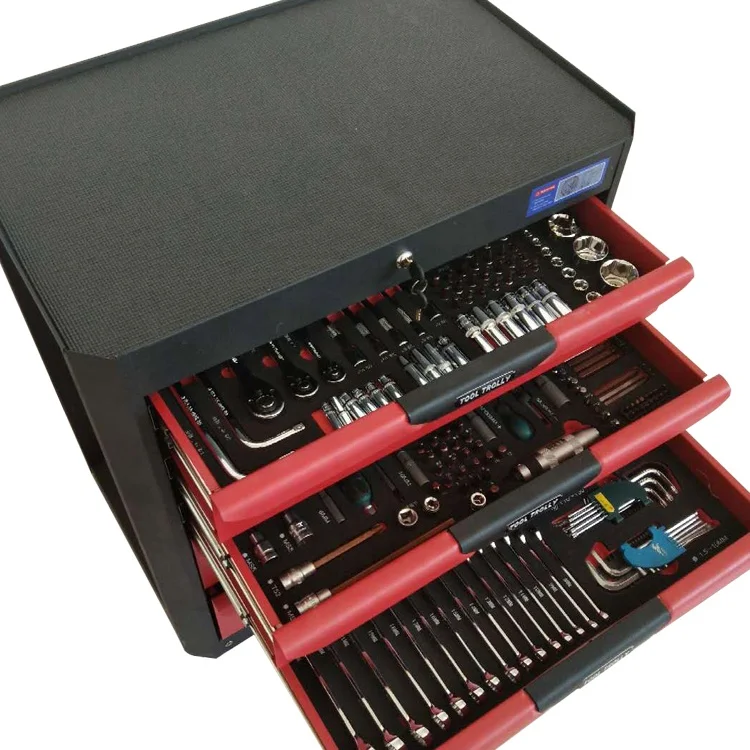 Caja de herramientas móvil personalizada de hierro rojo con ruedas.