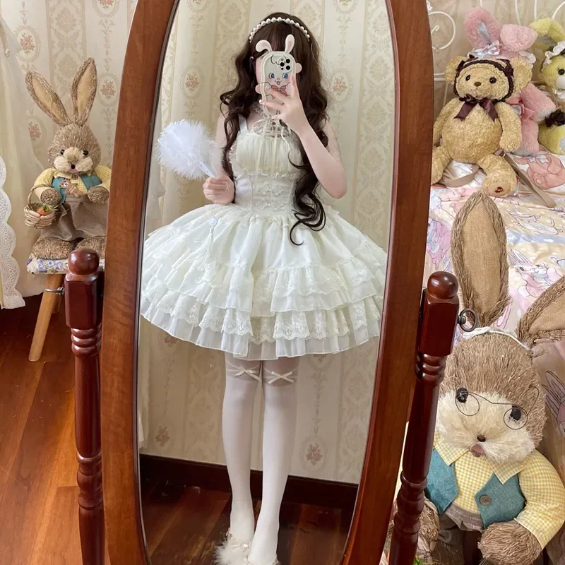 MAGOGO Japanese Sweet Lolita JSK Princess Dress Women Lace Ruffles Party Dresses Girls Harajuku Cute Bandage Y2k Mini Dress