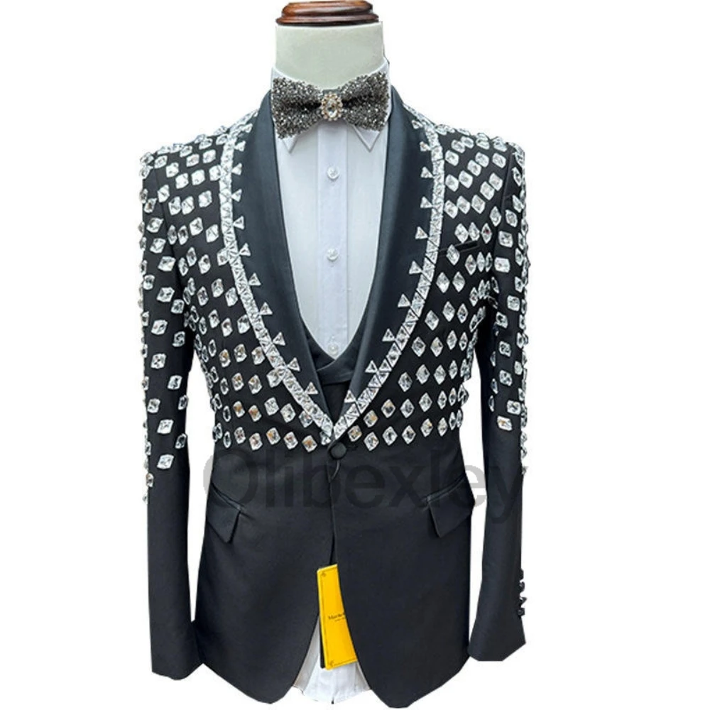 Olibexley Black Men Suits Shiny Rhinestone Embroidery Groom Evening Tuxedos 3 Pieces Sets Male Party Prom Blazers Customized S92