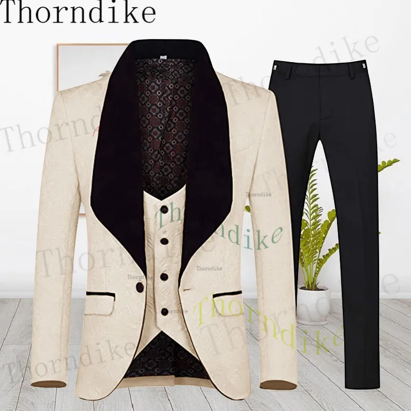 

Thorndike Autumn Men Champange Jacquard Suits For Wedding Groom Tuxedos Casual Custom Man Jacket Vest With Black Pants