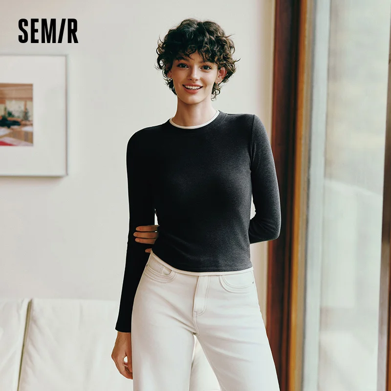Semir Women Tshirt Thermal Warmth Antibacterial Fabric Fleece Lined Layered Look Long Sleeve Slim Fit 2026 Winter Soft Comfort