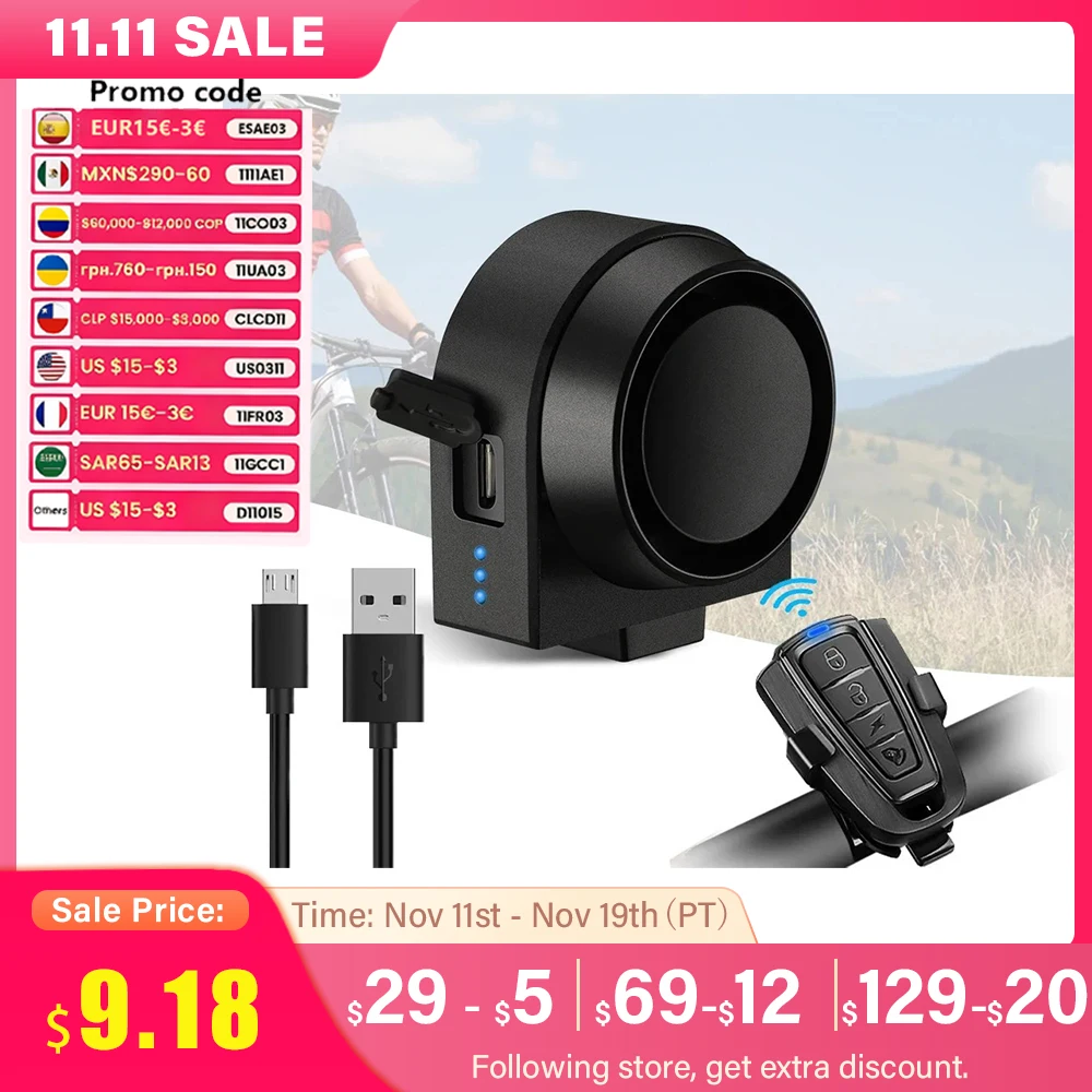 WSDCAM 자전거 알람 진동 알람 방수 USB 충전 원격 제어 110 dB 자전거 오토바이 알람 보안 보호