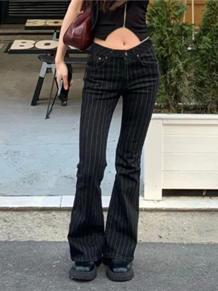 Y2k Clothes Low Rise Pants Woman Casual Fashion Black Striped Denim Trousers American Streetwear Retro Goth Boot Cut Jeans 2000s