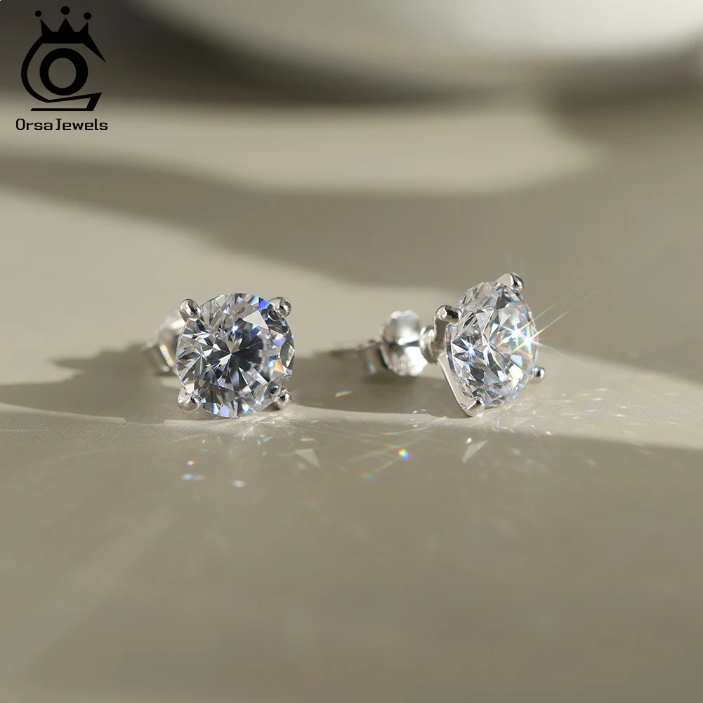 

ORSA JEWELS 8A Zircon Round Cut Real 925 Sterling Silver Cubic Zirconia Silver Stud Earrings Top Quality Dainty Jewelry LZE53