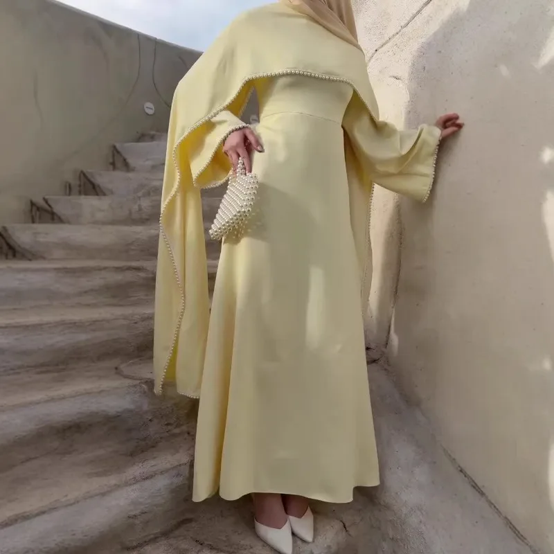 Luxury Pearl-trimmed Figure-hugging Solid Shawl-neck Dress Long Sleeves Robe Women Wedding Dresses White Party Evening Gown New